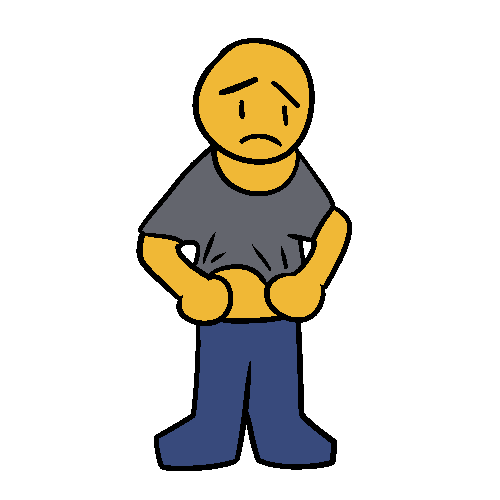 An orange figure pulling down a small gray shirt, looking down and frowning.